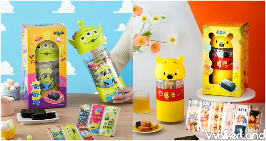 ▲元本山推出立體肖像海苔禮盒，小熊維尼與三眼怪造型罐，兼具收藏與分享樂趣。