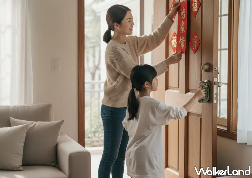 ▲春聯怎麼貼才開運。專家揭秘除夕黃金時段與上下聯順序。大門福字千萬別倒貼。 / 圖：AI生成提供 窩客島整理