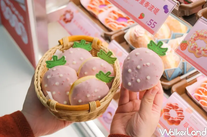 ▲Mister Donut 推出多款莓果甜甜圈，小草莓巧貝、莓果多重奏波堤一次呈現層次風味。（攝影：張人尹）
