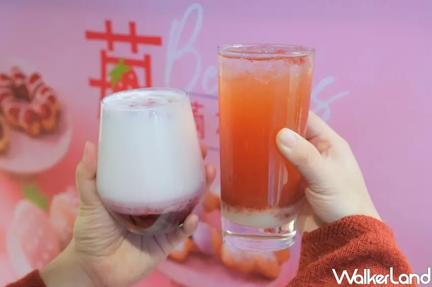 ▲Mister Donut 草莓季飲品回歸，ㄇㄨˊ～草莓牛奶與草莓紅茶乳酸適合搭配甜甜圈。（攝影：張人尹）