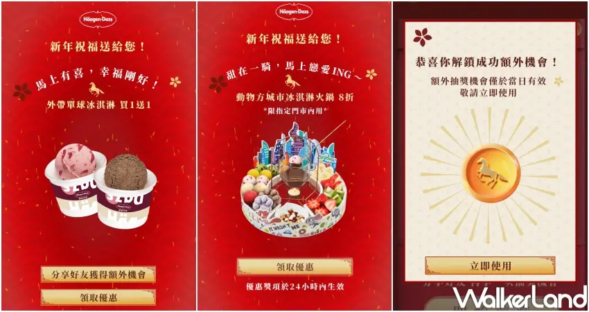 ▲哈根達斯抽獎活動有機會抽中買一送一等優惠券，分享給好友可以增加一次額外抽獎機會。