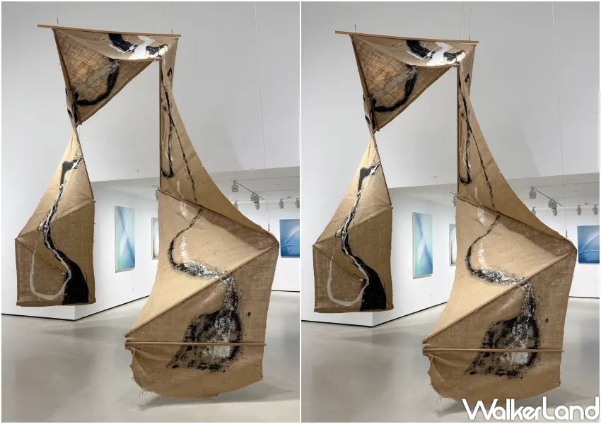 ▲台北免費展覽推薦！白石畫廊台北展間懸掛前川強麻布作品，可以近距離觀賞。(攝影：鄭亦庭)