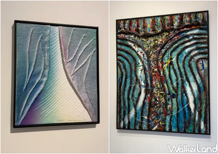 ▲日本藝術家前川強以粗麻布為創作媒材，使用撕裂、縫合技術，每件作品都充滿層次分明的立體感。(攝影：鄭亦庭)