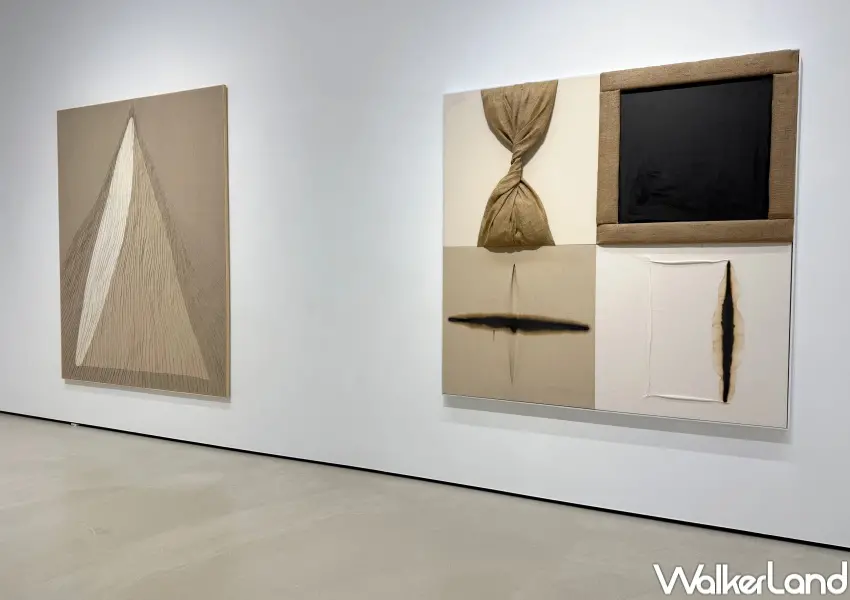 ▲台北免費展覽推薦！前川強中期作品運用細質麻布，展現極致簡約且具幾何美感的構圖。(攝影：鄭亦庭)