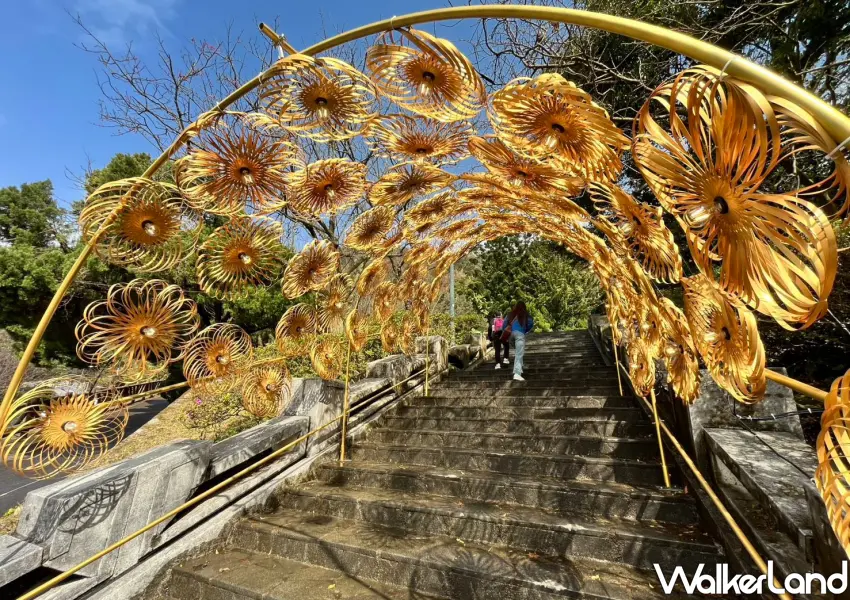 ▲走過金色竹編構築的「迎光上行」廊道，感受大師對新年的美好祝福。