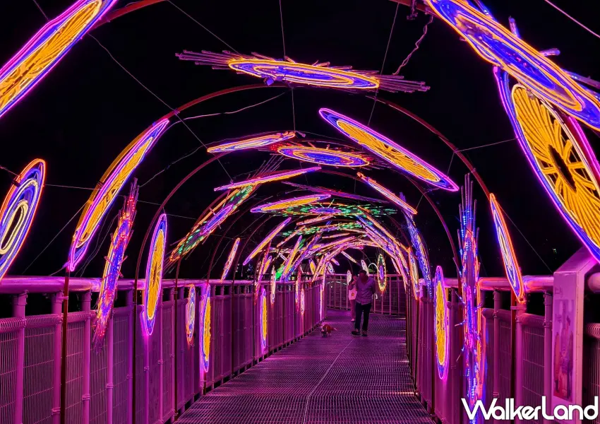 ▲彰化月影燈季神祕的紫色光影長廊，上方圓形燈飾猶如穿梭在星際隧道中。