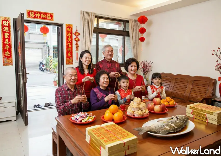 ▲接神流程首重誠意，必須準備有頭有尾的全魚與象徵步步高升的發糕，還要記得打開全家門窗迎接氣場。(AI製圖)