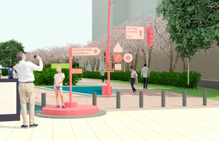 ▲今年首次登場的裝置藝術設置以街道和十字路口為概念，引導訪客走進美麗櫻花林蔭道。