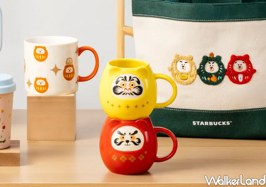 ▲經典紅黃配色達摩馬克杯與刺繡帆布提袋交織出濃厚和風，是春節開運送禮首選。