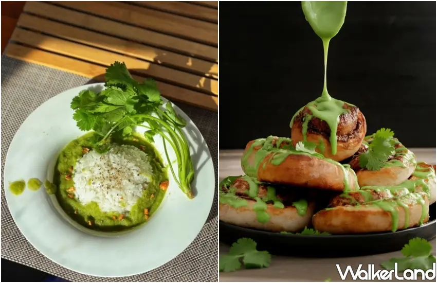 ▲創意香菜料理無極限,「咖哩燁」端出濃郁綠色的「香菜咖哩」;「Kadoya喫茶店」則有淋滿特製香菜醬的「香菜乳酪肉桂捲」。