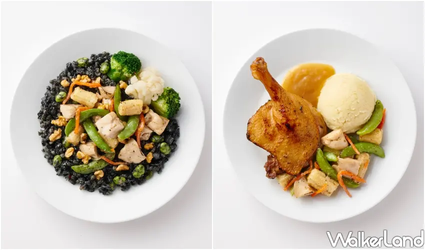 ▲左為健康系「核桃花椰米燉飯」，右為外酥內嫩並搭配酸甜柑橘醬的「橙汁油封鴨腿」。