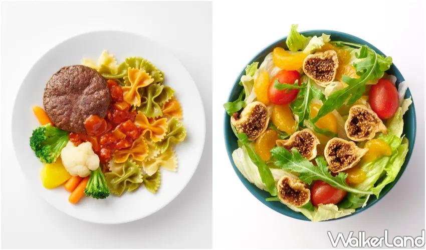 ▲左為肉質紮實的「漢堡排蝴蝶麵」，右為首度加入柔軟無花果乾的清爽花園沙拉。