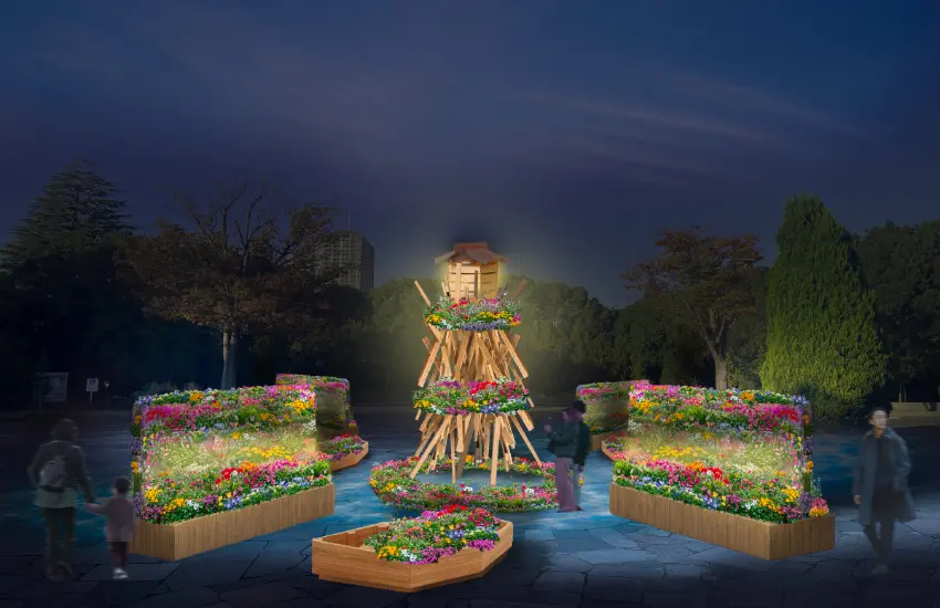 ▲中央擺放著模仿小舟造型的花卉裝置，充滿動態美感。