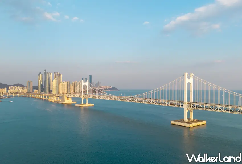 ▲壯闊的釜山廣安大橋橫跨海面,與遠方的城市高樓交織成迷人的天際線。