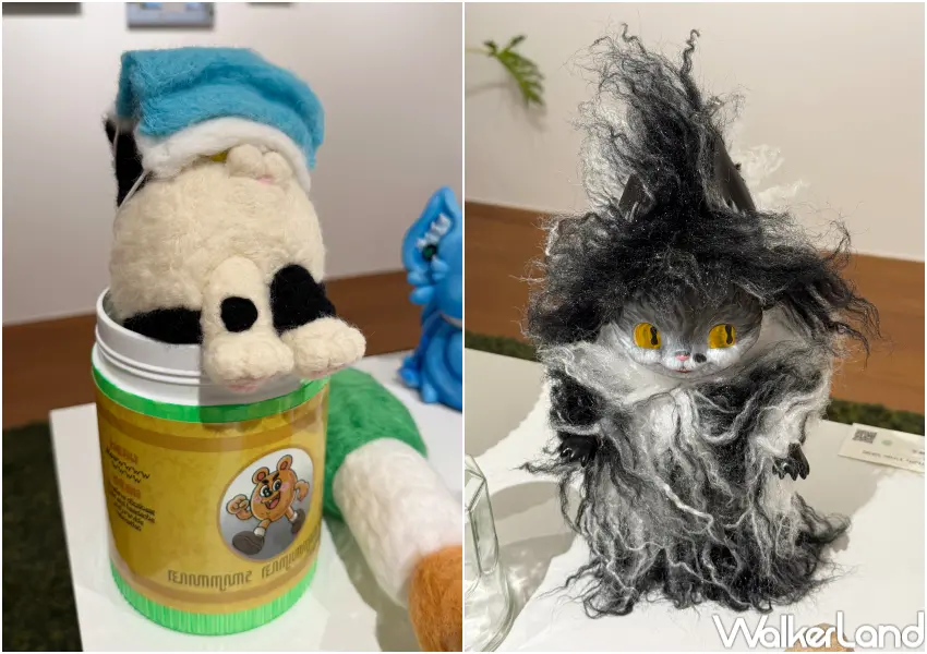 ▲台北貓咪展覽免費看!展場內有把口罩蓋在眼睛上的貓咪娃娃、炸毛貓貓等趣味貓咪作品。(攝影:鄭亦庭)