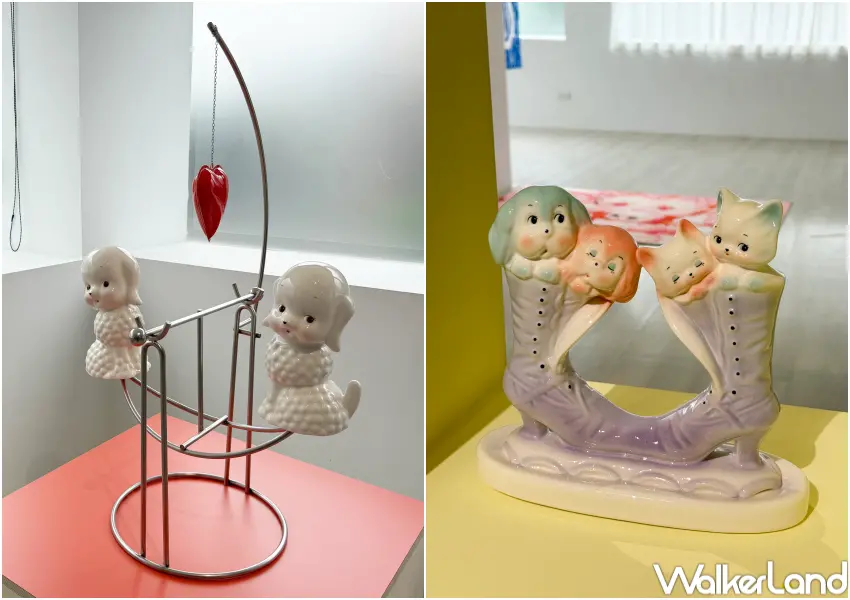 ▲藝術家謝佳瑜展出的陶瓷擺飾帶有復古年代感,柔和線條、色彩呈現台灣六、七〇年代戰後對安穩生活渴望的寄託。(攝影:鄭亦庭)