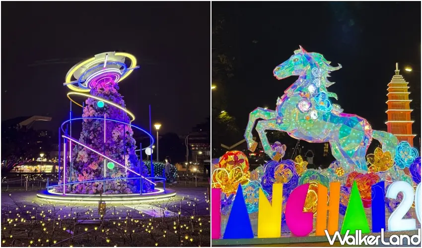 ▲藝術家燈組「花漾銀河」與幾何光影馬，呈現跨越現實的科幻生命力。