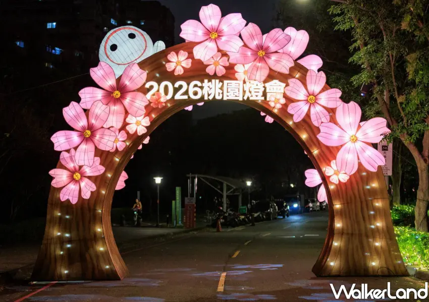 ▲2026桃園燈會桃花隧道迎賓門粉嫩花瓣層層堆疊的「桃花朵朵開」，漫步其中宛如置身春日盛開花海。