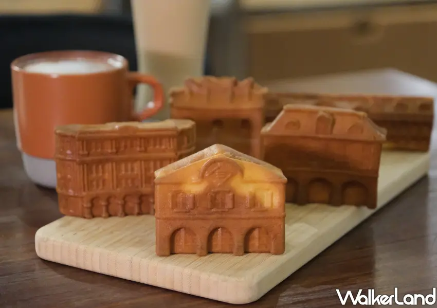 ▲古蹟雞蛋糕共有五款，將北車周邊古蹟三井物產株式會社舊倉庫、臺北府城北門、鐵道部廳舍、撫臺街洋樓、臺北郵局化身雞蛋糕。(攝影：鄭雅之)