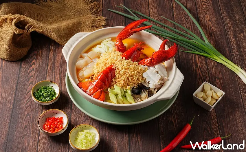 ▲「波士頓龍蝦泡飯」視覺與鮮味兼具，整隻龍蝦切塊，再加上生食干貝與角瓜等鮮物，鮮甜入魂令人驚艷。圖／瀚寓酒店提供；窩客島整理