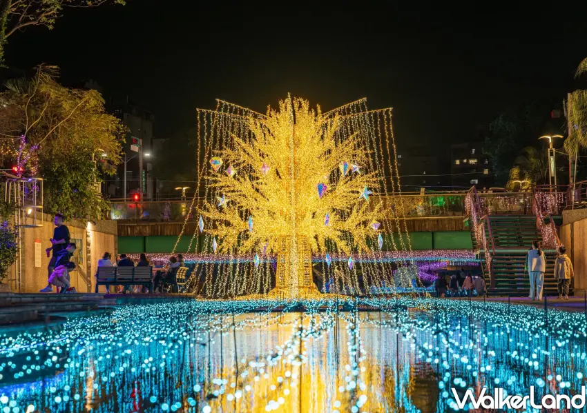 ▲金黃奪目的星耀之樹是新莊中港大排光雕秀必拍地標，倒映水面的光影如夢似幻。