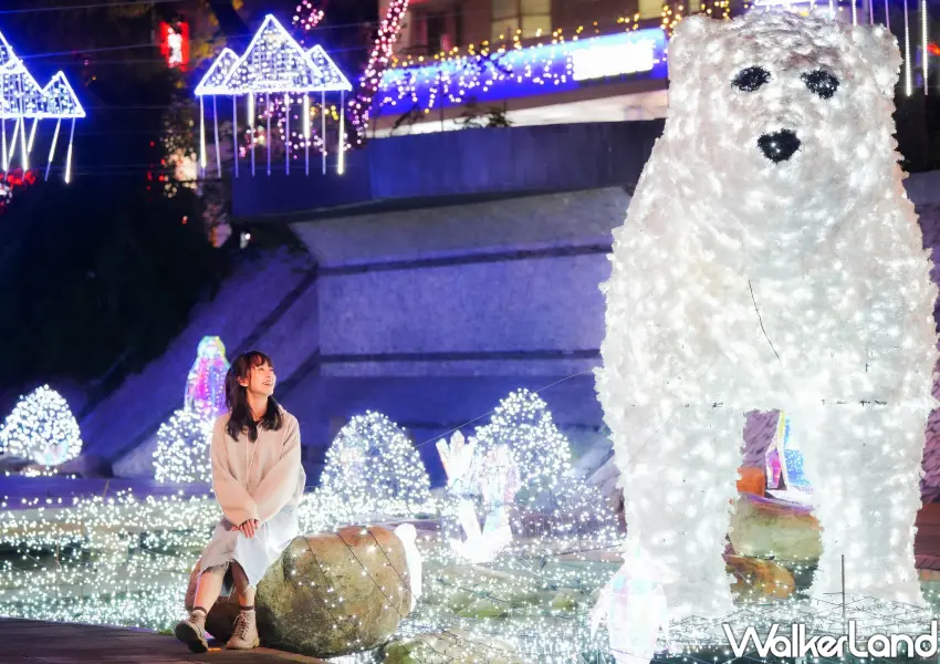 ▲與巨大的雪白北極熊驚喜同框，是來到新莊中港大排光雕秀最療癒的打卡視角。