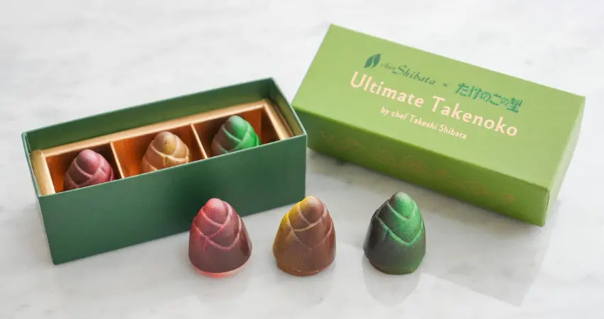 ▲主廚柴田以「究極」為概念，將明治熱銷商品竹筍村重新詮釋，設計出專為成人味蕾設計的酒心巧克力。