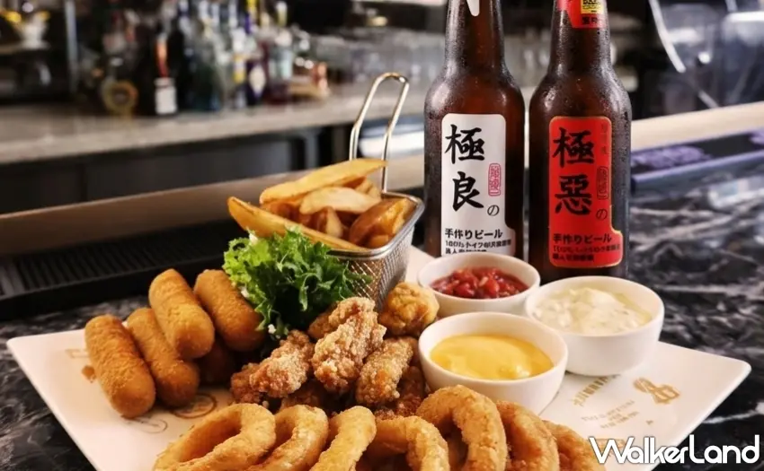 ▲大廳酒吧同步推出觀賽限定餐飲組合,「全壘打狂歡派對組」999元,內含炸物拼盤乙份與極良拉格啤酒與極惡白啤酒,現場並搭配賽事轉播,打造沉浸式觀賽氛圍。圖/台北六福萬怡酒店提供;窩客島整理
