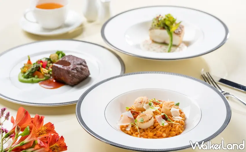 ▲文華Café於週五至週日「週末午間鮮．吃．吧」推出全新季節主餐，「日本A4和牛小排佐波爾多紅酒醬」、「蕃茄干貝米型麵」及「油封日本真鯛佐諾曼地醬汁」。圖／台北文華東方酒店提供；窩客島整理