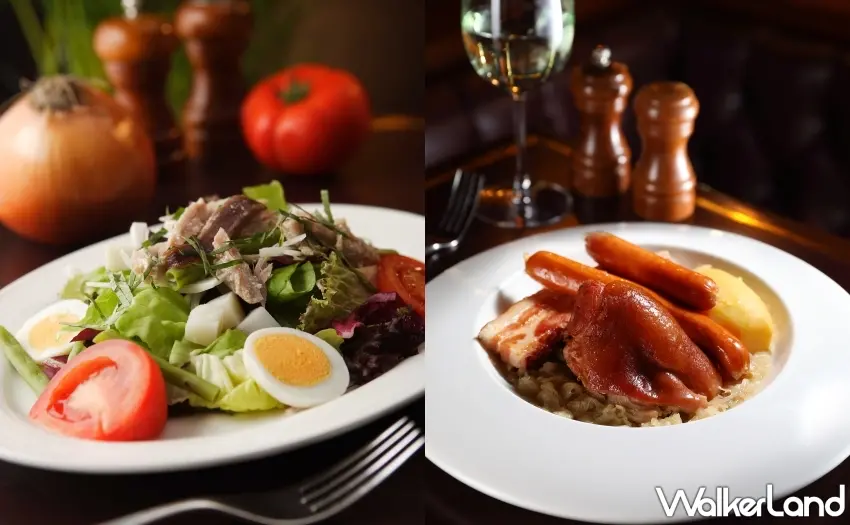 ▲北亞都麗緻巴賽麗廳推高效質感午宴，必吃尼斯沙拉與阿爾薩斯燉豬腳經典再現。圖／亞都麗緻大飯店提供；窩客島整理