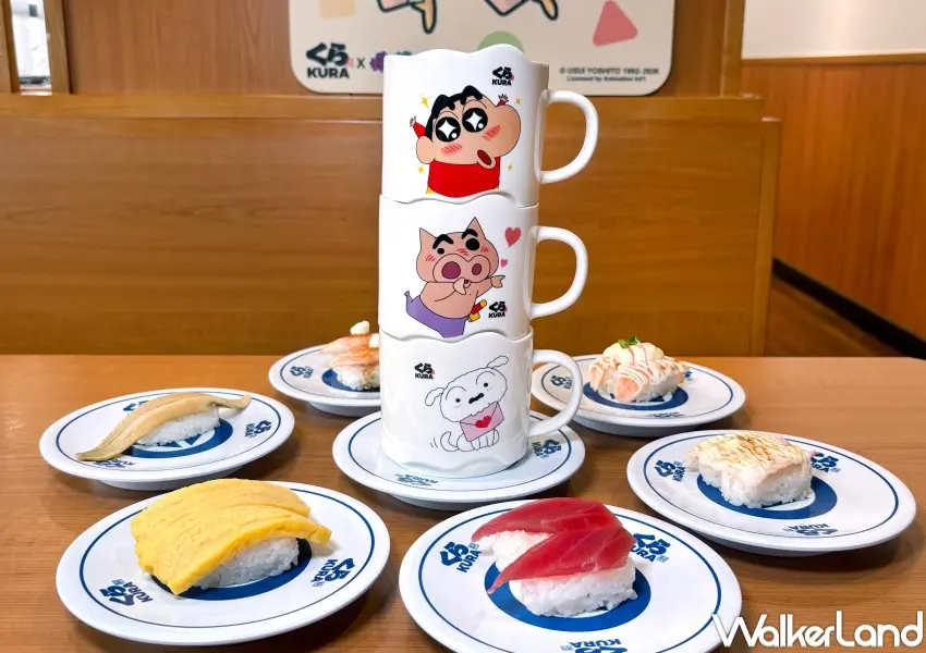 ▲藏壽司蠟筆小新聯名疊疊杯推出小新、小白與肥嘟嘟左衛門三款角色，堆疊收藏後能排出可愛立體陣列。