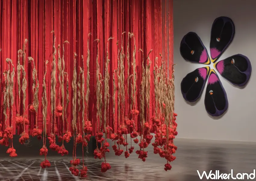 ▲新北市美術館「花心」展以編織作品為主，並將心的意象融入作品中。（新北市美術館提供，攝影：狐色影像製作）