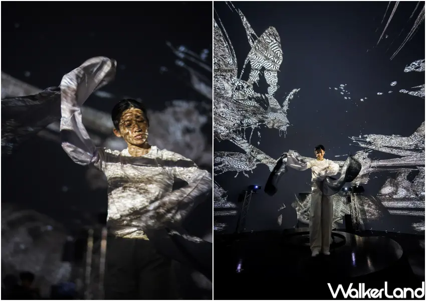 ▲香港沈浸式展裡看水袖舞演出！粵劇演員梁非同以水袖舞結合實時生成投影，完美詮釋《筆陣圖》中的筆法意象。