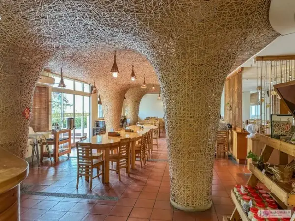 ▲杉林溪櫻花一日遊！最美竹編造型客運站「竹青庭人文空間」，二樓空間由5000片竹片打造。(攝影：部落客 靜兒貪吃遊玩愛分享，圖片為歷年花況)