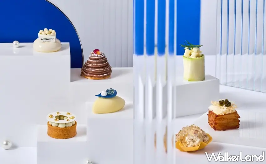 ▲主廚團隊打造的創意鹹點，包含「魚子洋芋千層方塊」與「鱈魚肝奶油起司塔」。圖／台北W飯店提供；窩客島整理