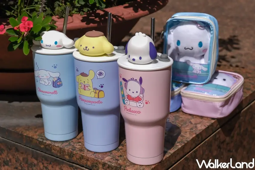 ▲7-ELEVEN推出多款三麗鷗角色外出用品,包括立體造型冰壩杯、輕便摺傘與布偶吊飾飲料提袋,讓粉絲日常喝飲料或出門都能帶著角色。(攝影:張人尹)