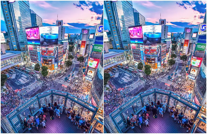 ▲屋頂展望台休息區能從高處完整眺望這個每天最多有50萬人通行、號稱世界最大規模的路口。