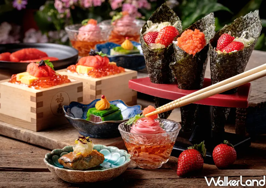 ▲福岡博多明太子與草莓手捲創意對決，搭配柚子胡椒風味明太子櫻絲細麵，清爽開胃。