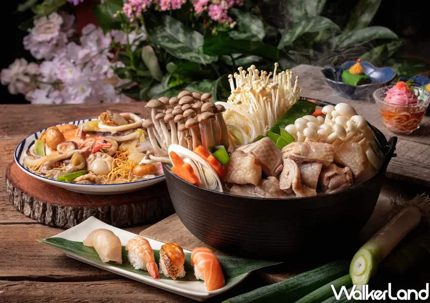 ▲欣葉日本料理春季限定博多水炊雞肉鍋，配上精緻握壽司與長崎海鮮皿烏龍麵。