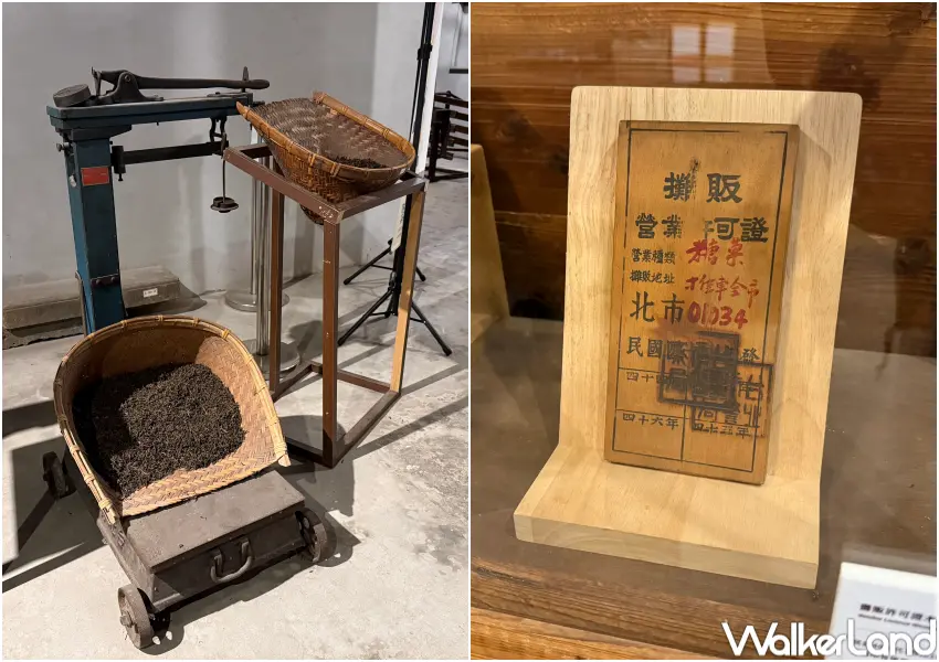 ▲新芳春茶行一樓常設展展出早年的攤販許可證木牌、茶葉宣傳海報、製茶器具等歷史文物。(攝影：鄭亦庭)