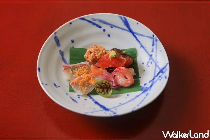 ▲燈燈庵經典料理向付，透過旬魚鹽熟成工藝展現日式職人對時令食材的精確掌握。圖／HotelMVSA慕舍酒店提供；窩客島整理