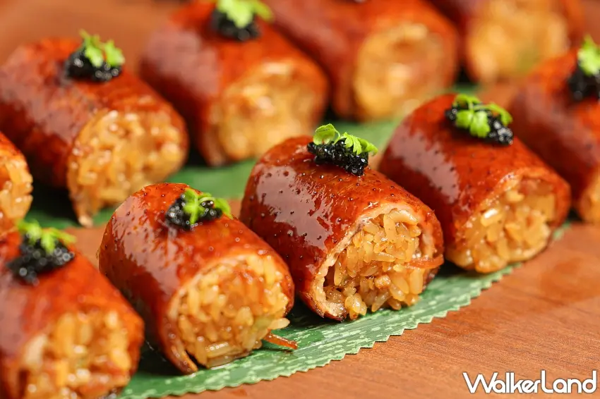 ▲鴨箱寶雙味中的八寶糯米鴨，以酥脆鴨皮包裹豐盛內餡並點綴魚子醬。圖／台北晶華酒店提供；窩客島整理
