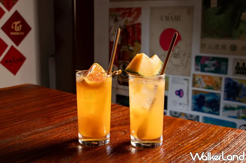 ▲哈密哈沙瓦 Melon Sawa｜蜜柑沙瓦 Mandarin Sawa，分別選用新鮮哈密瓜與茂谷柑調製，用滿滿果香呈現微醺的日式風格，是櫻花祭限定推出的清爽飲品 。圖／臺虎東門居餃屋提供；窩客島整理