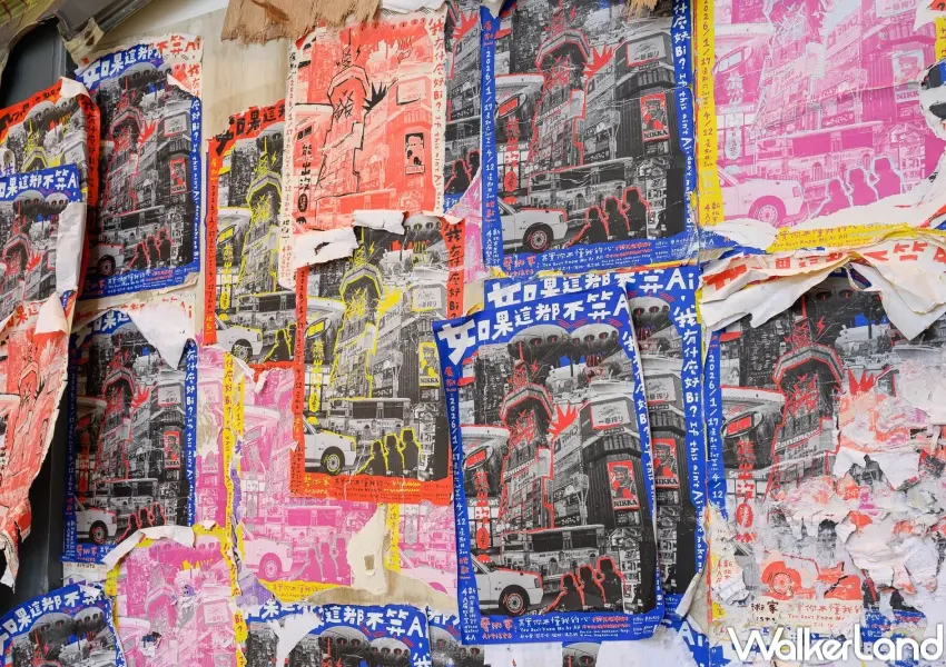 ▲藝術家簡志峰利用海浪地景與拼貼海報，反思數位影像被不斷複製的現象。