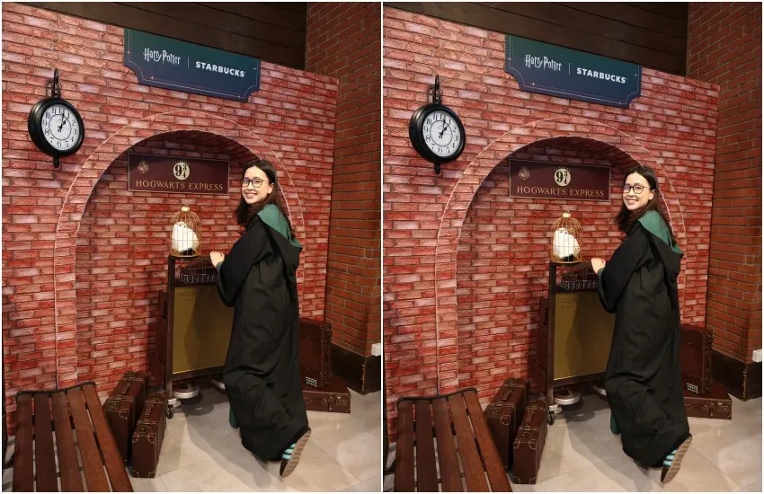 ▲西門町星巴克漢中店三樓還規劃經典電影場景「九又四分之三月台」打卡牆。(攝影：鄭雅之)