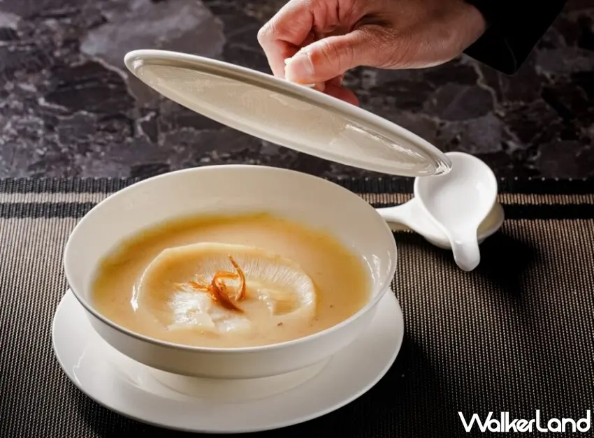 ▲「松茸濃湯燴脆魚翅」成品圖，金黃色澤與濃郁湯頭交織出令人耳目一新的魚翅新吃法 。 圖／雋Gen提供；窩客島整理