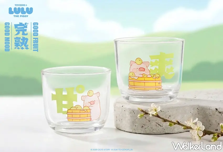 ▲專屬聯名玻璃酒杯印有新繪製的LuLu圖樣，增加品飲時的療癒氛圍。圖／鑫羿文創提供；窩客島整理