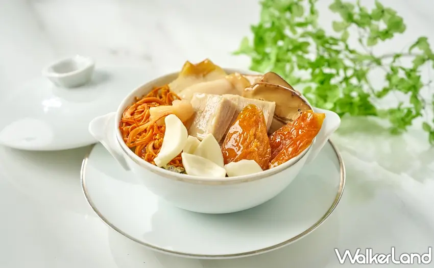 ▲「蟲草枇杷燉花膠」嚴選南投埔里枇杷乾與松阪豬，歷經長時間慢燉，湯頭清雅滋潤。圖／六福旅遊集團提供；窩客島整理