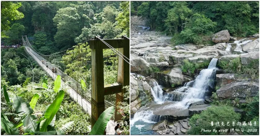 ▲「神仙谷」以壯麗峽谷與清澈溪流聞名，吊橋橫跨山谷，層層瀑布與綠意山林，呈現出靜謐又療癒的自然景致。