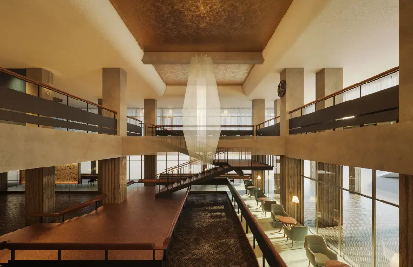 ▲村野氏標誌性的流暢曲線扶手也部分再利用,展現熱鬧中心的存在感。